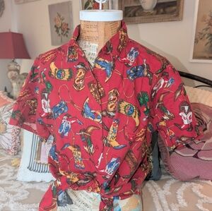 Vintage Western Shirt, women's, cowboy boots print, dancehall, cowgirl, rodeo